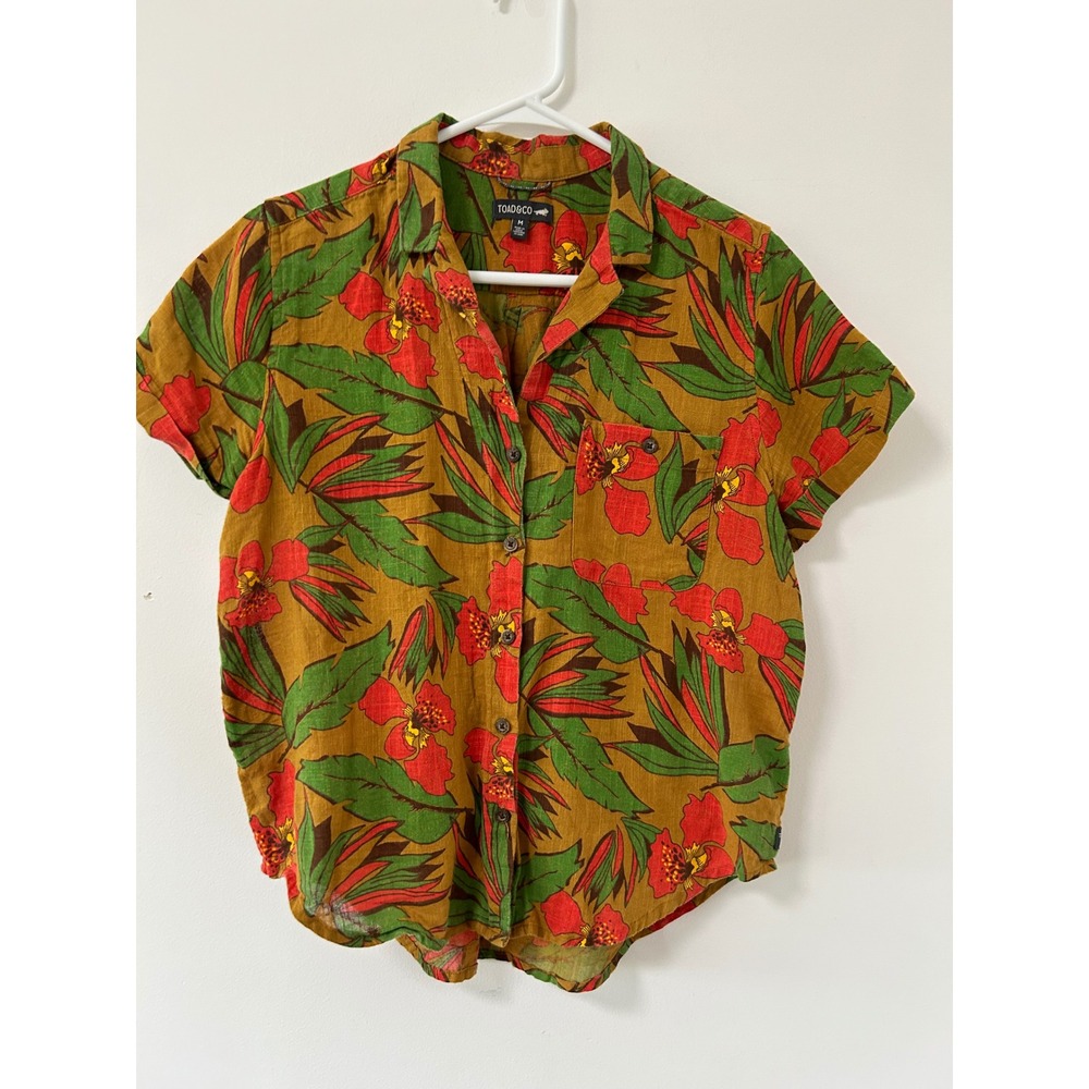 Toad&Co Short Sleeve Camp Cove Button Up Shirt Womens Med Yellow Tropical